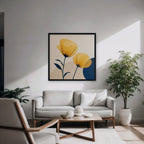 Golden Poppies Canvas Art – square golden poppy floral print in a black floating frame in a modern living room