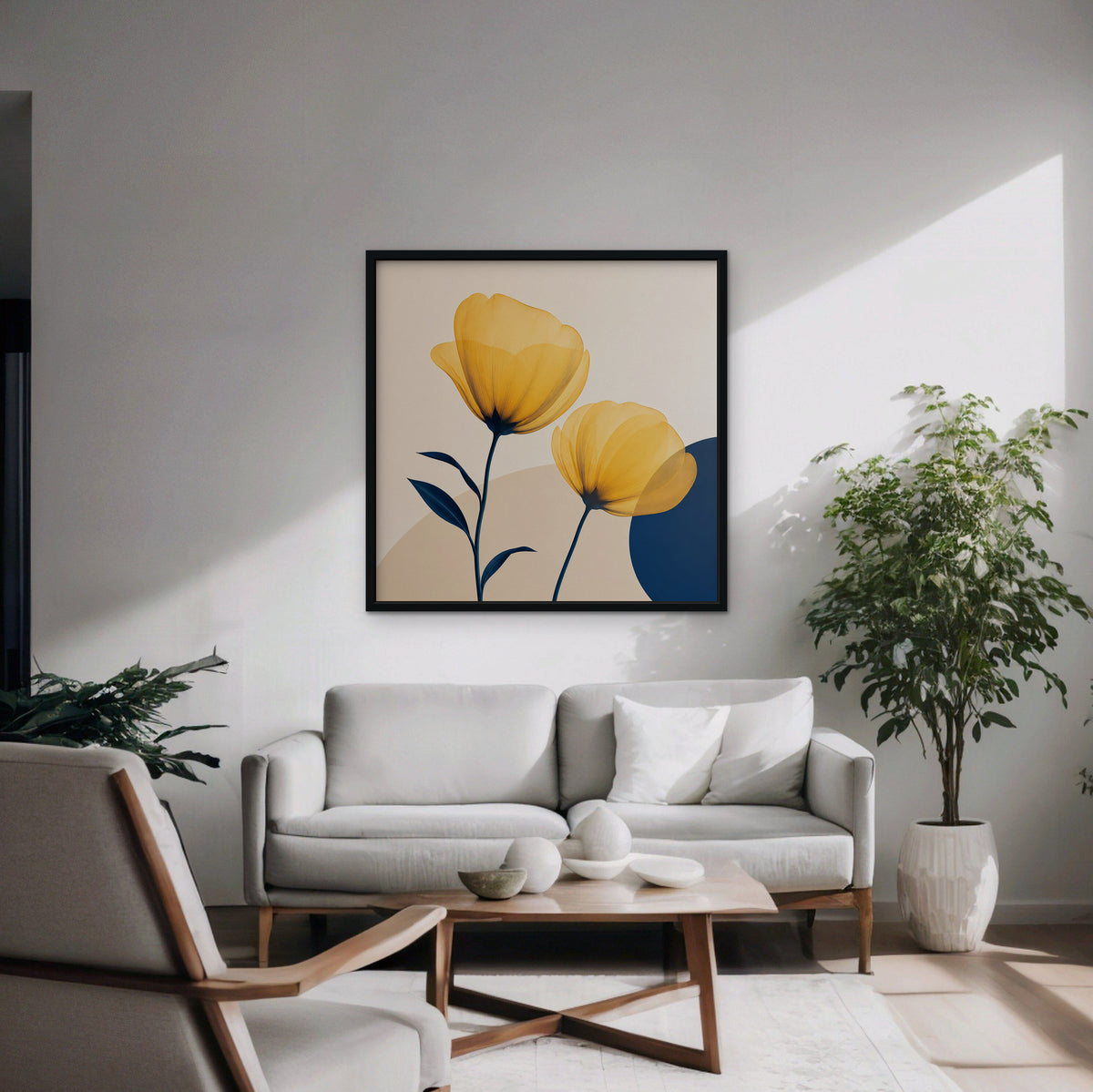 Golden Poppies Canvas Art – square golden poppy floral print in a black floating frame in a modern living room