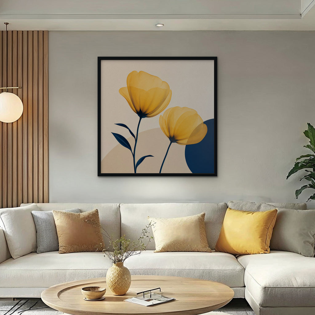 Golden Poppies Canvas Art – square golden poppy floral print in a black floating frame in a bright living room