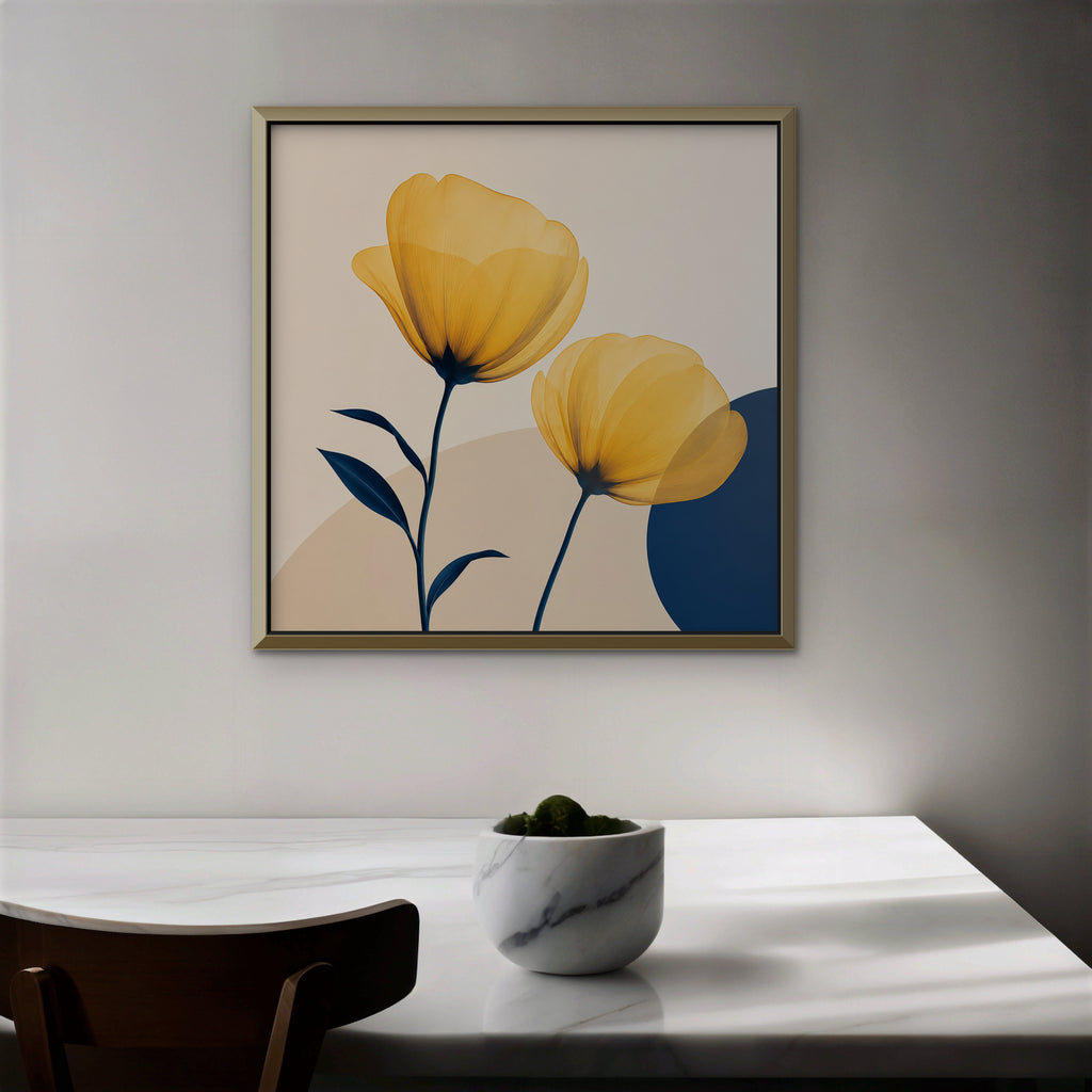 Golden Poppies Canvas Art – square golden poppy floral print in a gold floating frame in a dining room