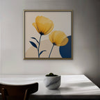 Golden Poppies Canvas Art – square golden poppy floral print in a gold floating frame in a dining room