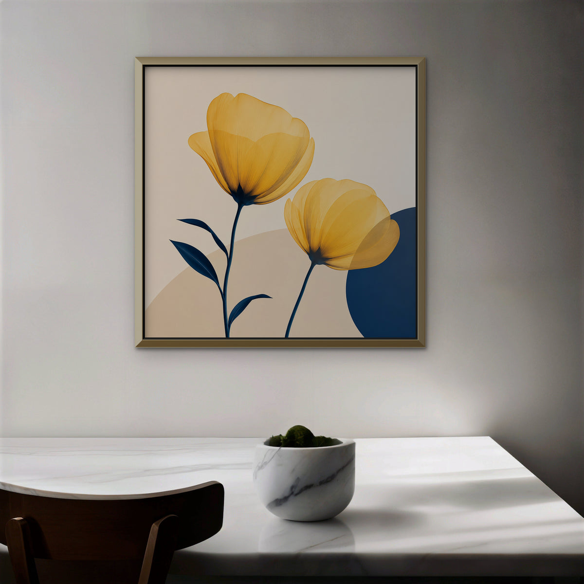 Golden Poppies Canvas Art – square golden poppy floral print in a gold floating frame in a dining room