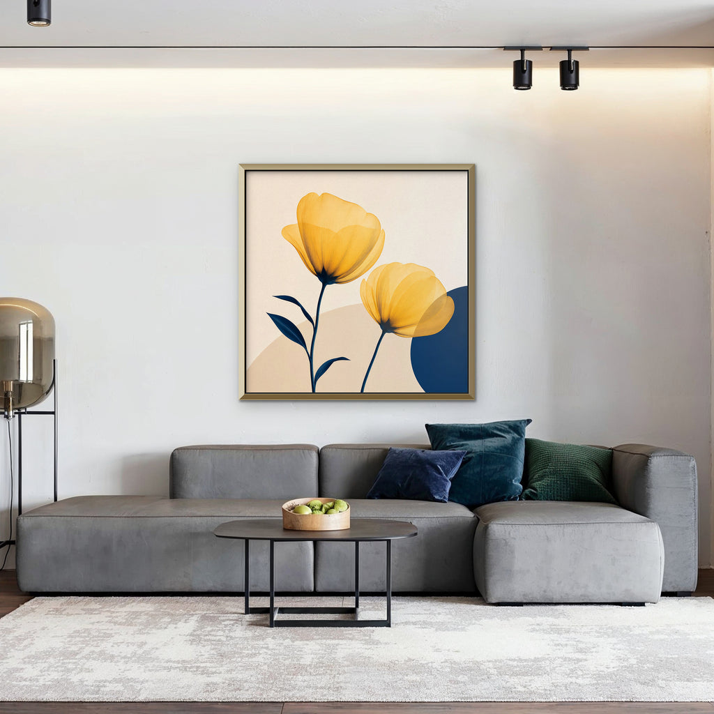 Golden Poppies Canvas Art – square golden poppy floral print in a gold floating frame in a living room with charcoal accents