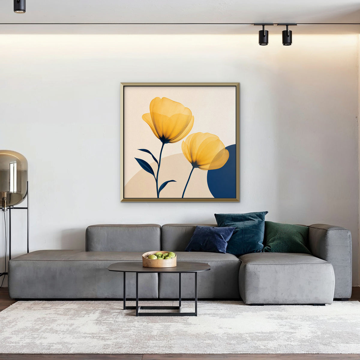 Golden Poppies Canvas Art – square golden poppy floral print in a gold floating frame in a living room with charcoal accents