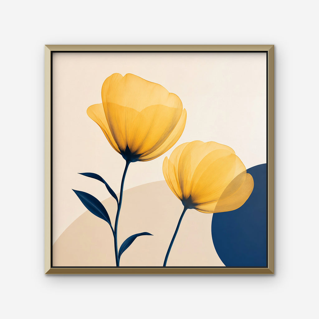 Golden Poppies Canvas Art – square golden poppy floral print in a gold floating frame on a white background