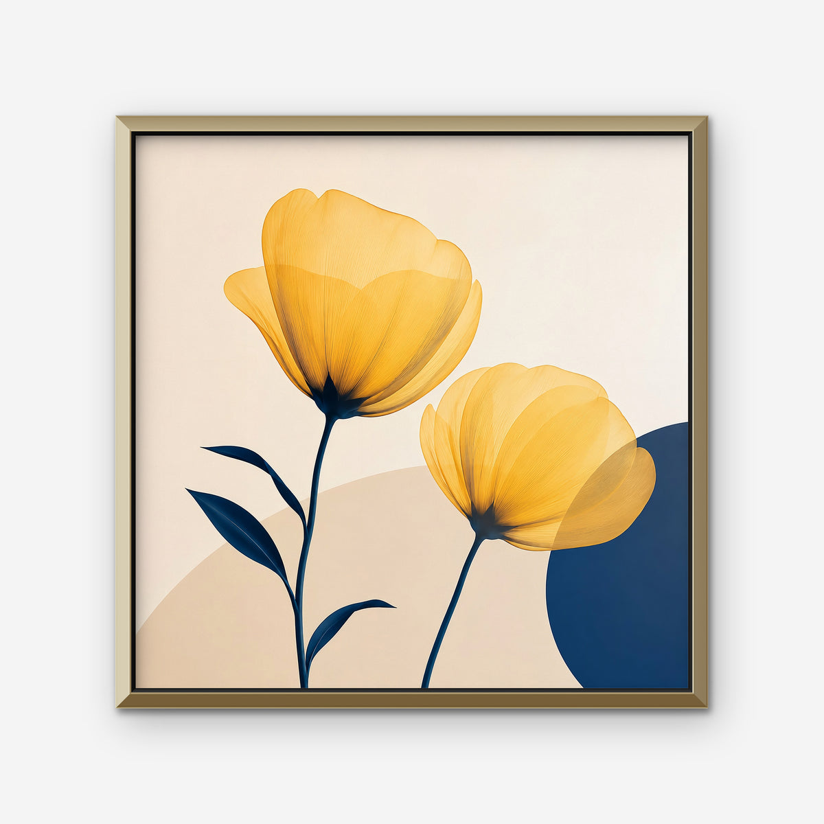Golden Poppies Canvas Art – square golden poppy floral print in a gold floating frame on a white background