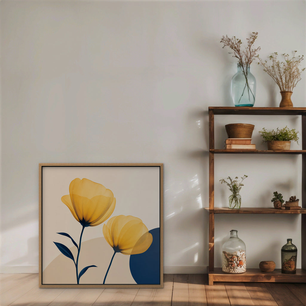 Golden Poppies Canvas Art – square golden poppy floral print in an oak floating frame styled on a shelf