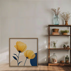 Golden Poppies Canvas Art – square golden poppy floral print in an oak floating frame styled on a shelf