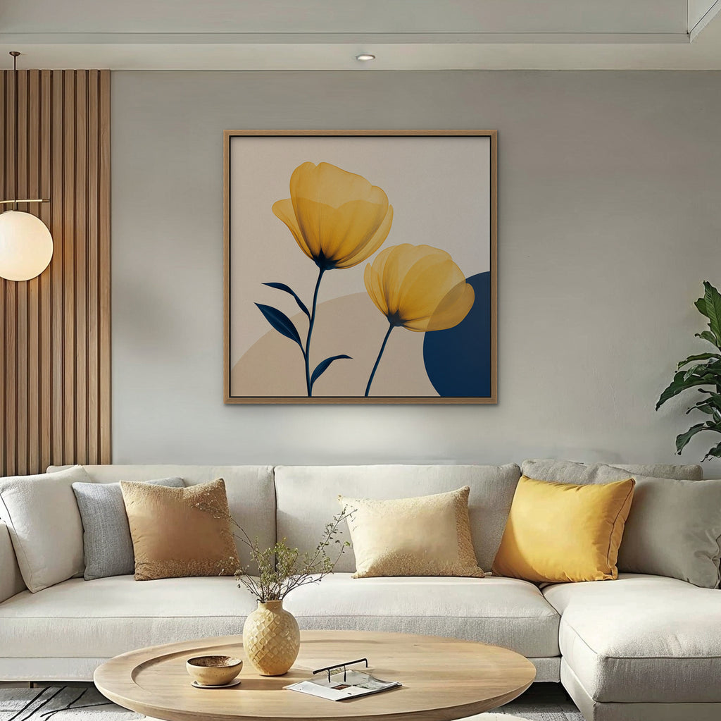Golden Poppies Canvas Art – square golden poppy floral print in an oak floating frame in a bright living room