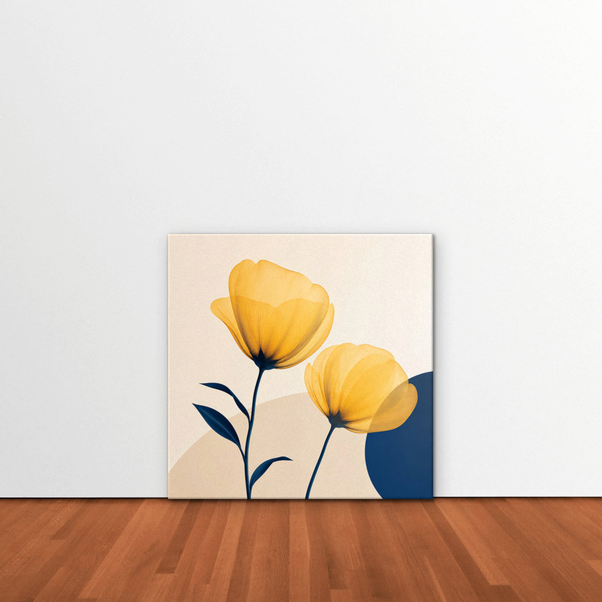 Golden Poppies Canvas Art – square golden poppy floral print as a gallery-wrapped canvas leaning against a white wall