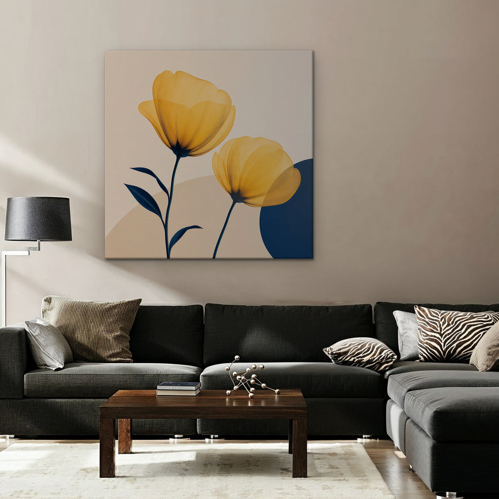 Golden Poppies Canvas Art – square golden poppy floral print as a gallery-wrapped canvas in a taupe living room