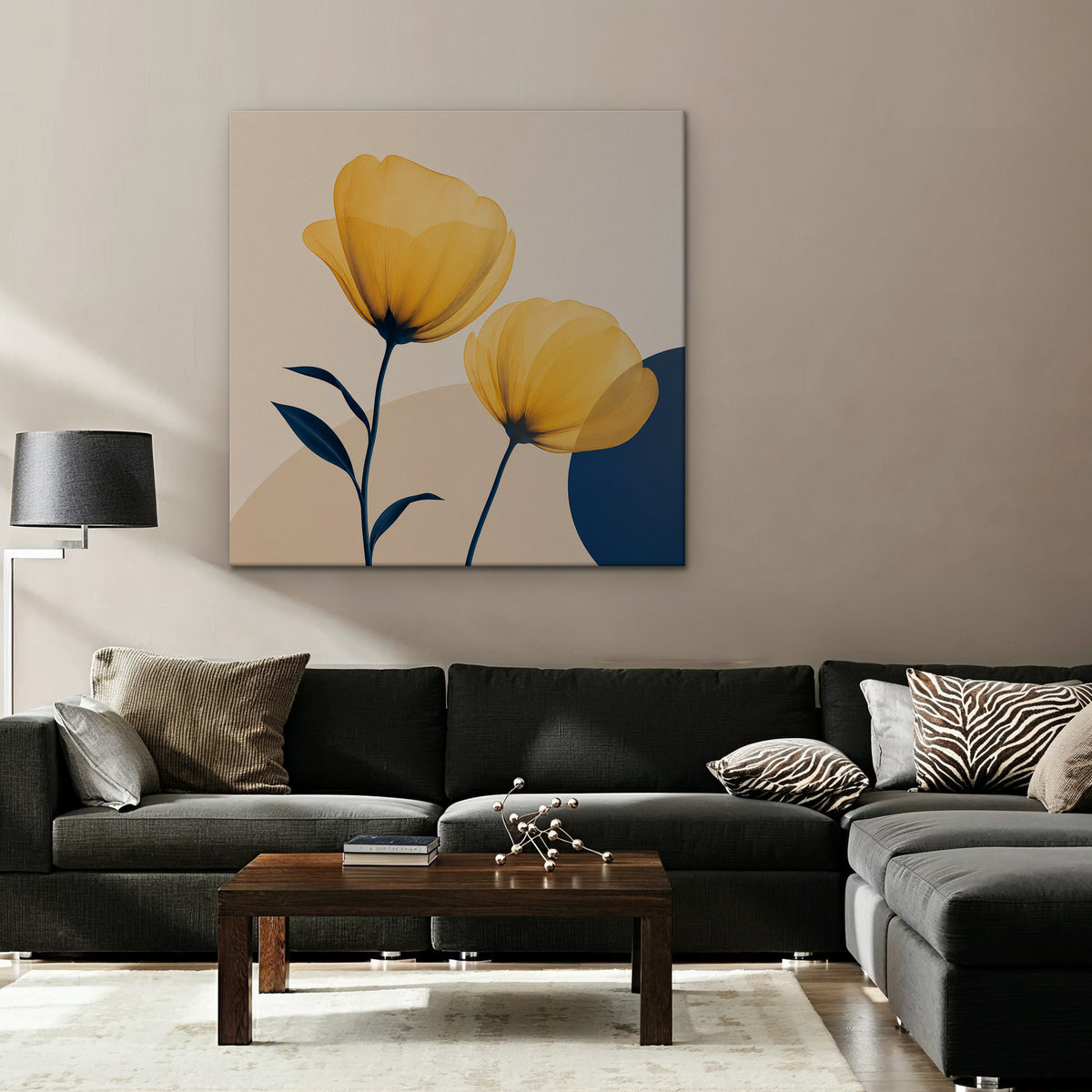 Golden Poppies Canvas Art – square golden poppy floral print as a gallery-wrapped canvas in a taupe living room