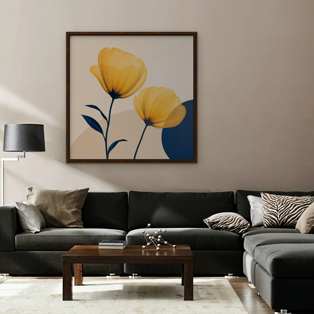 Golden Poppies Canvas Art – square golden poppy floral print in a walnut floating frame in a taupe living room