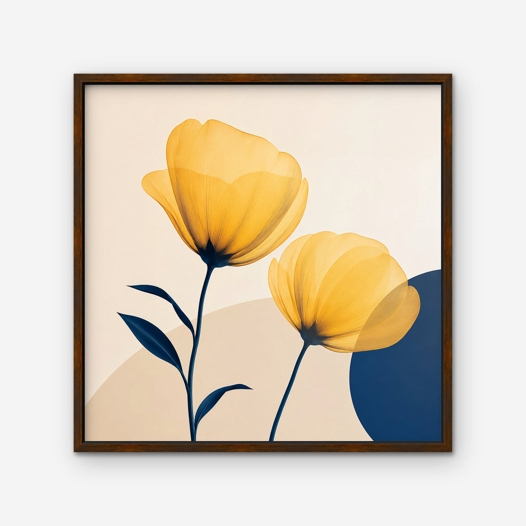 Golden Poppies Canvas Art – square golden poppy floral print in a walnut floating frame on a white background