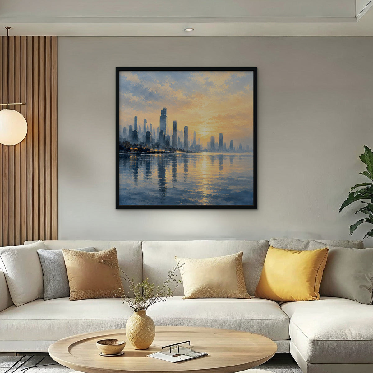 Golden Skyline Sunrise Canvas Art - Square – Black Floating Frame in room setting