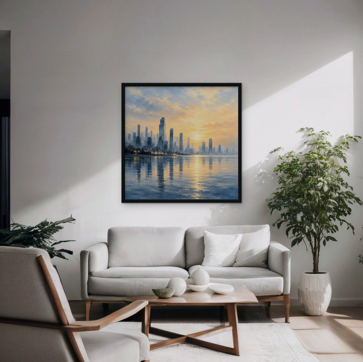 Golden Skyline Sunrise Canvas Art - Square – Black Floating Frame in room setting