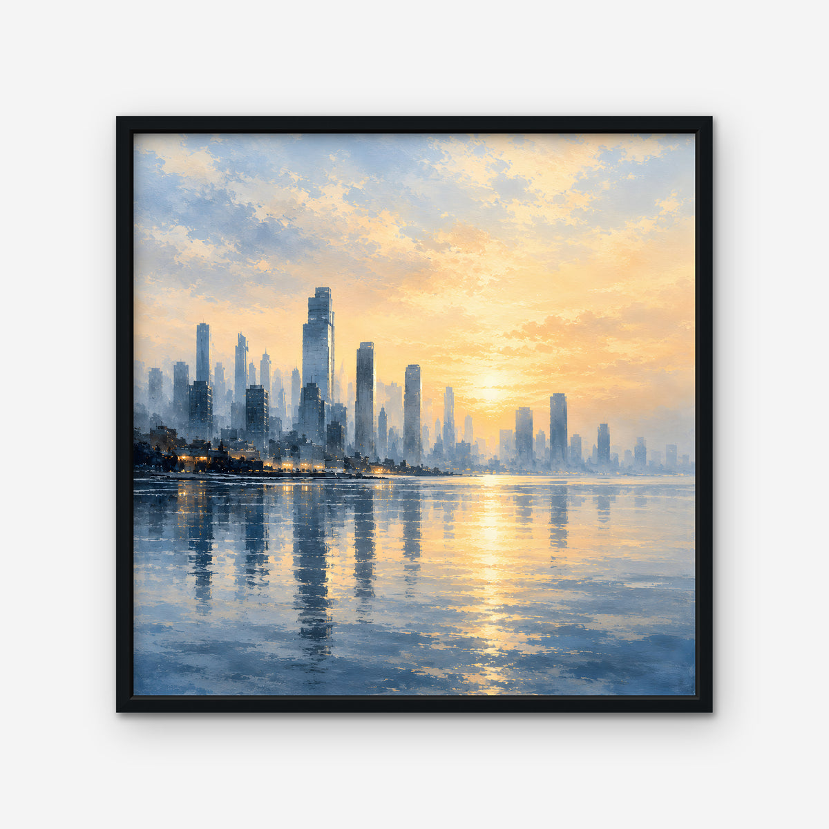 Golden Skyline Sunrise Canvas Art - Square – Black Floating Frame on white background