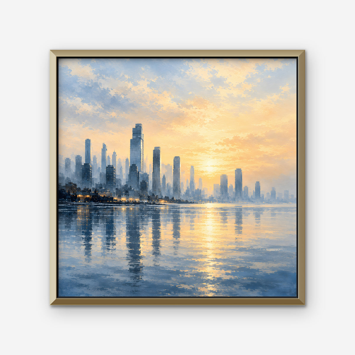 Golden Skyline Sunrise Canvas Art - Square – Gold Floating Frame on white background