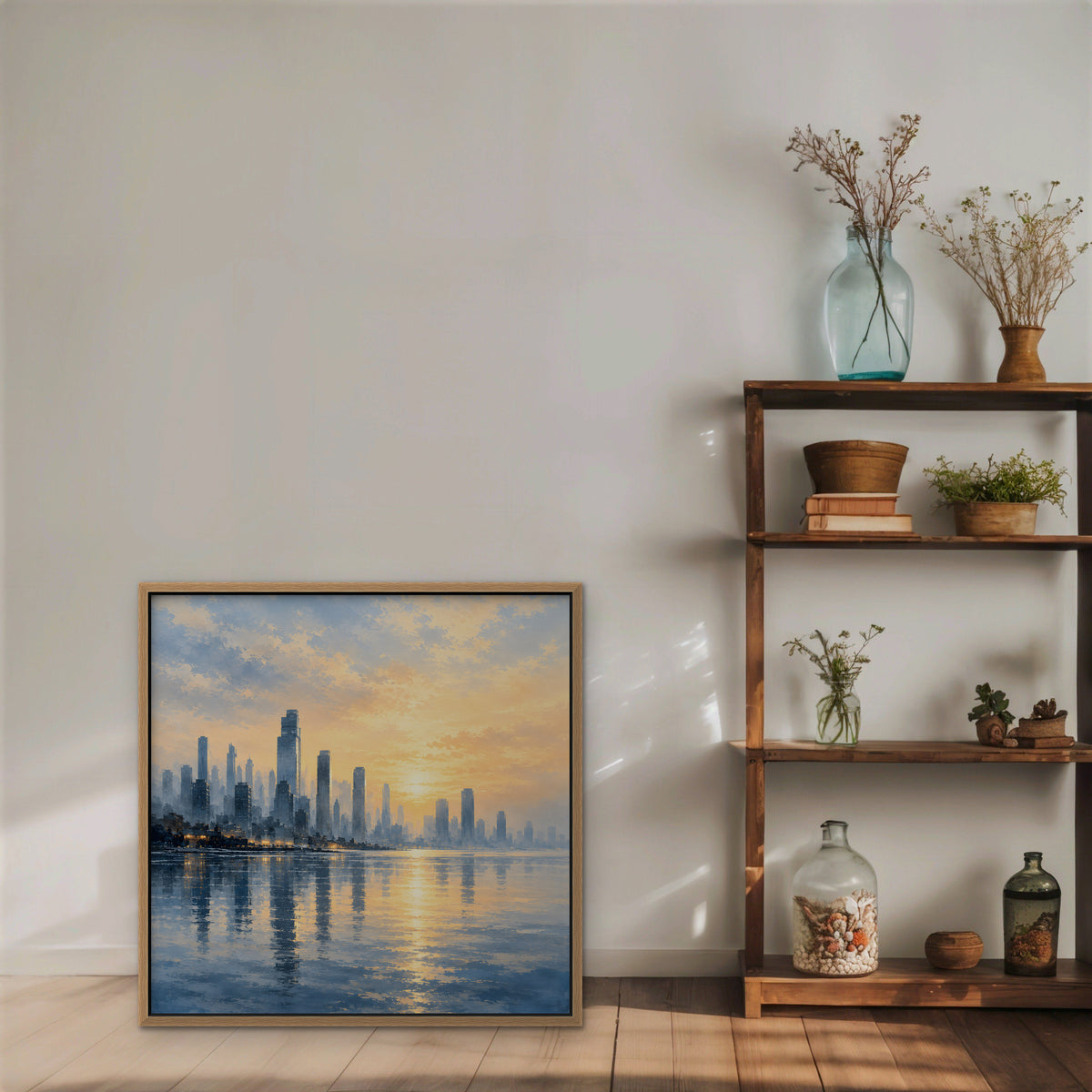 Golden Skyline Sunrise Canvas Art - Square – Oak Floating Frame in room setting