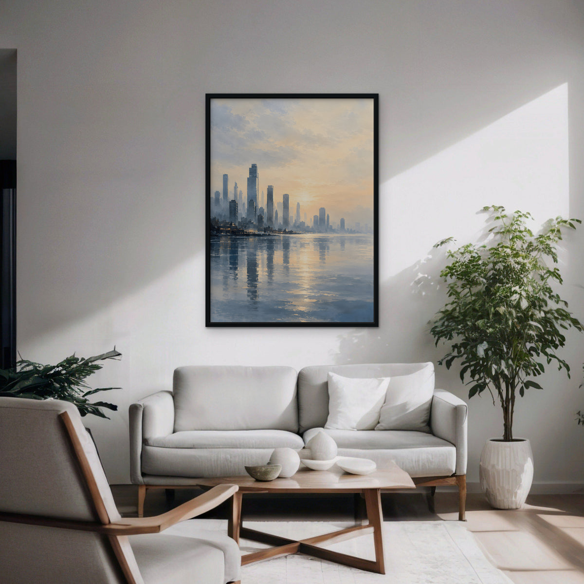 Golden Skyline Sunrise Canvas Art - Vertical – Black Floating Frame in room setting