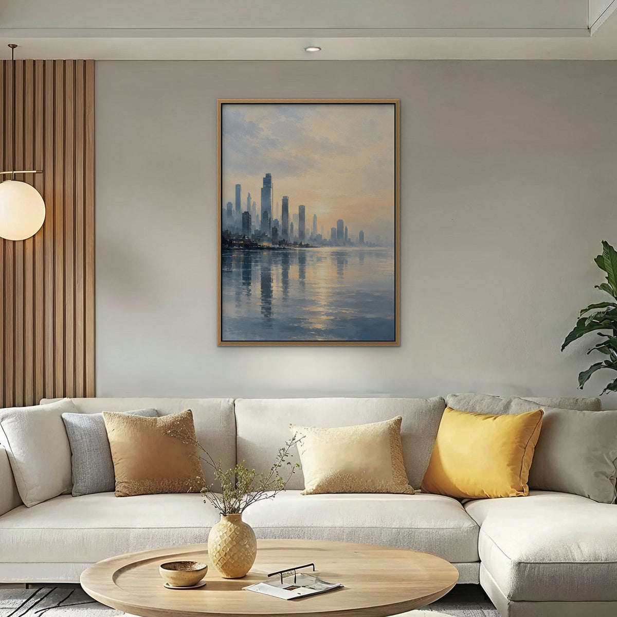 Golden Skyline Sunrise Canvas Art - Vertical – Oak Floating Frame in room setting