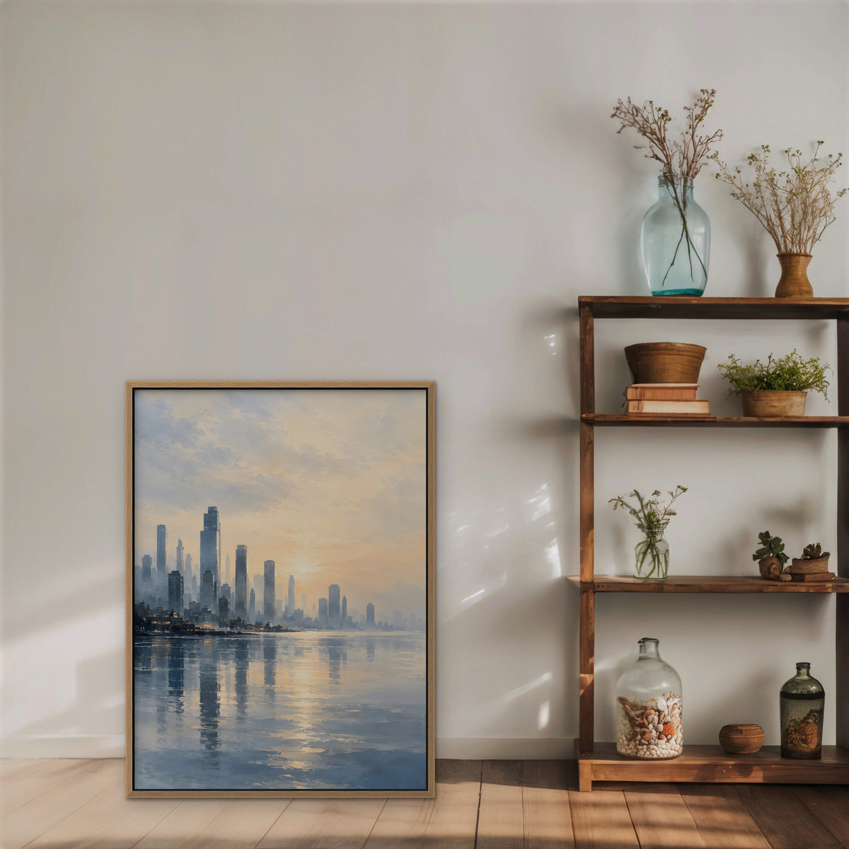 Golden Skyline Sunrise Canvas Art - Vertical – Oak Floating Frame in room setting