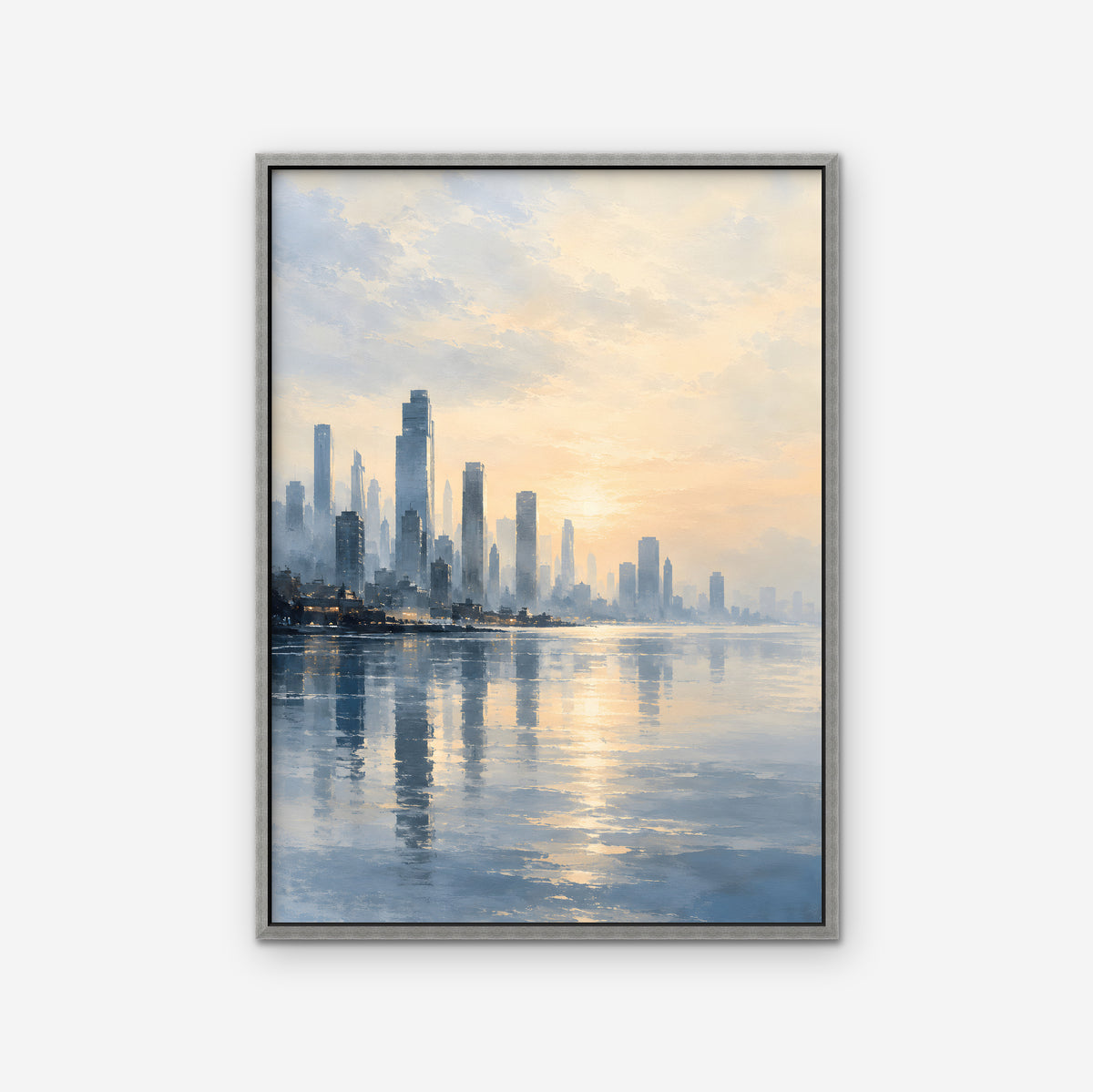 Golden Skyline Sunrise Canvas Art - Vertical – Silver Floating Frame on white background