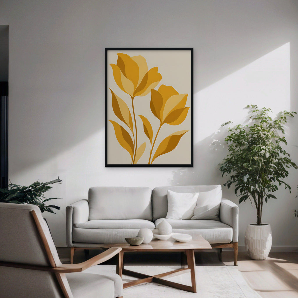Golden Tulips Canvas Art - Vertical – Black Floating Frame in room setting