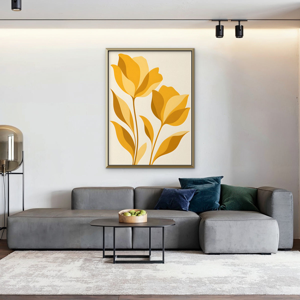 Golden Tulips Canvas Art - Vertical – Gold Floating Frame in room setting