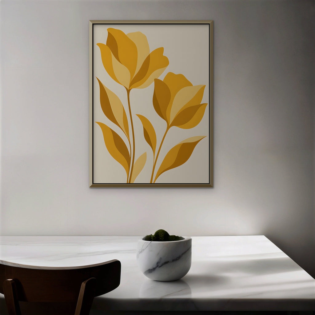Golden Tulips Canvas Art - Vertical – Gold Floating Frame in room setting