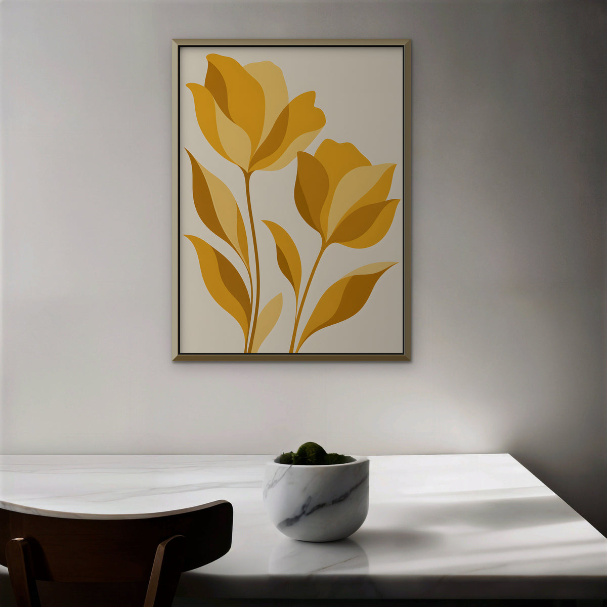 Golden Tulips Canvas Art - Vertical – Gold Floating Frame in room setting