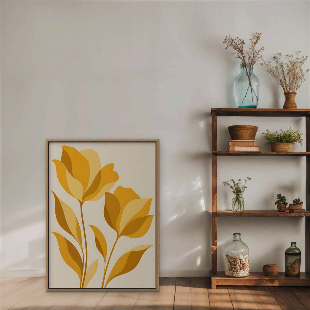 Golden Tulips Canvas Art - Vertical – Oak Floating Frame in room setting