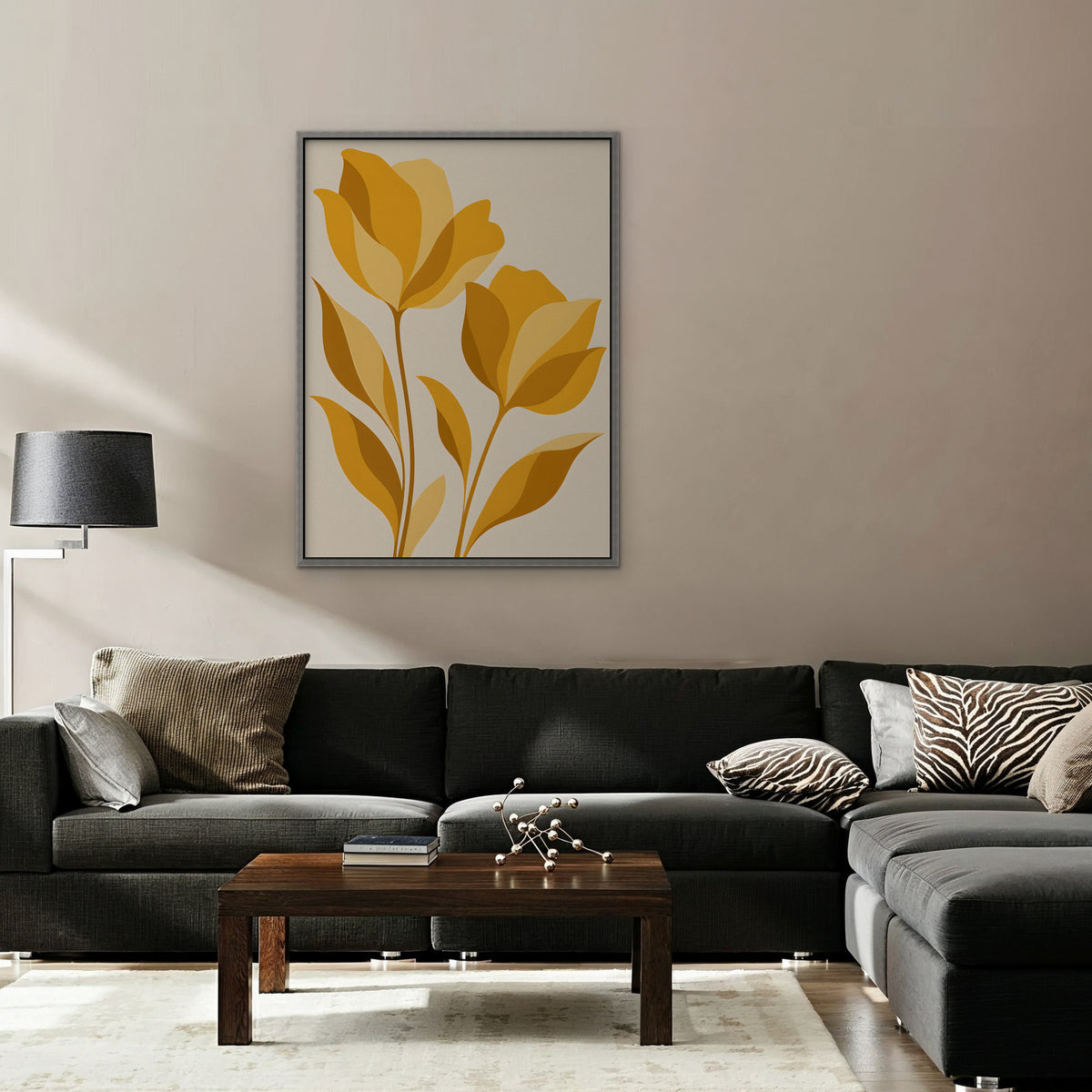 Golden Tulips Canvas Art - Vertical – Silver Floating Frame in room setting