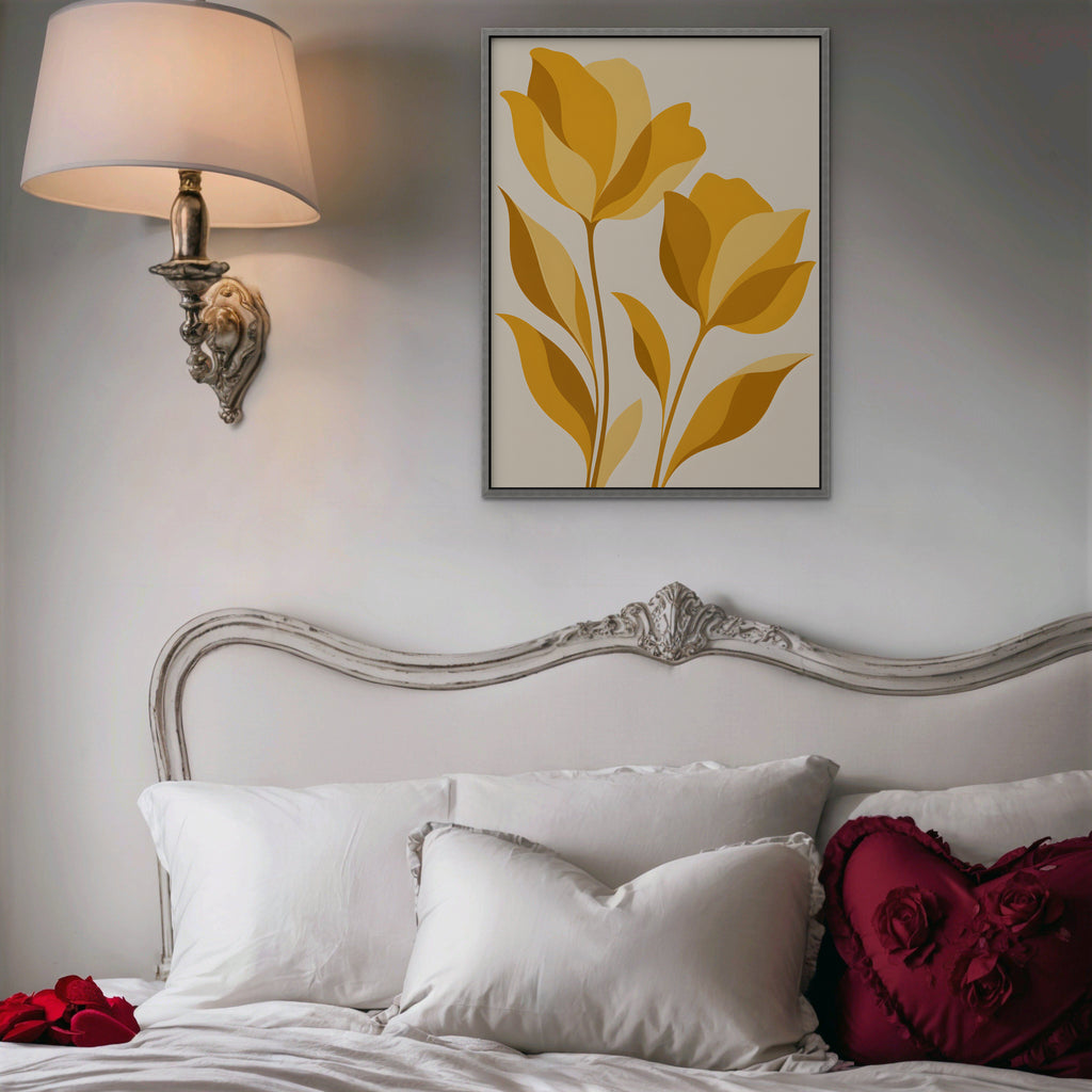 Golden Tulips Canvas Art - Vertical – Silver Floating Frame in room setting