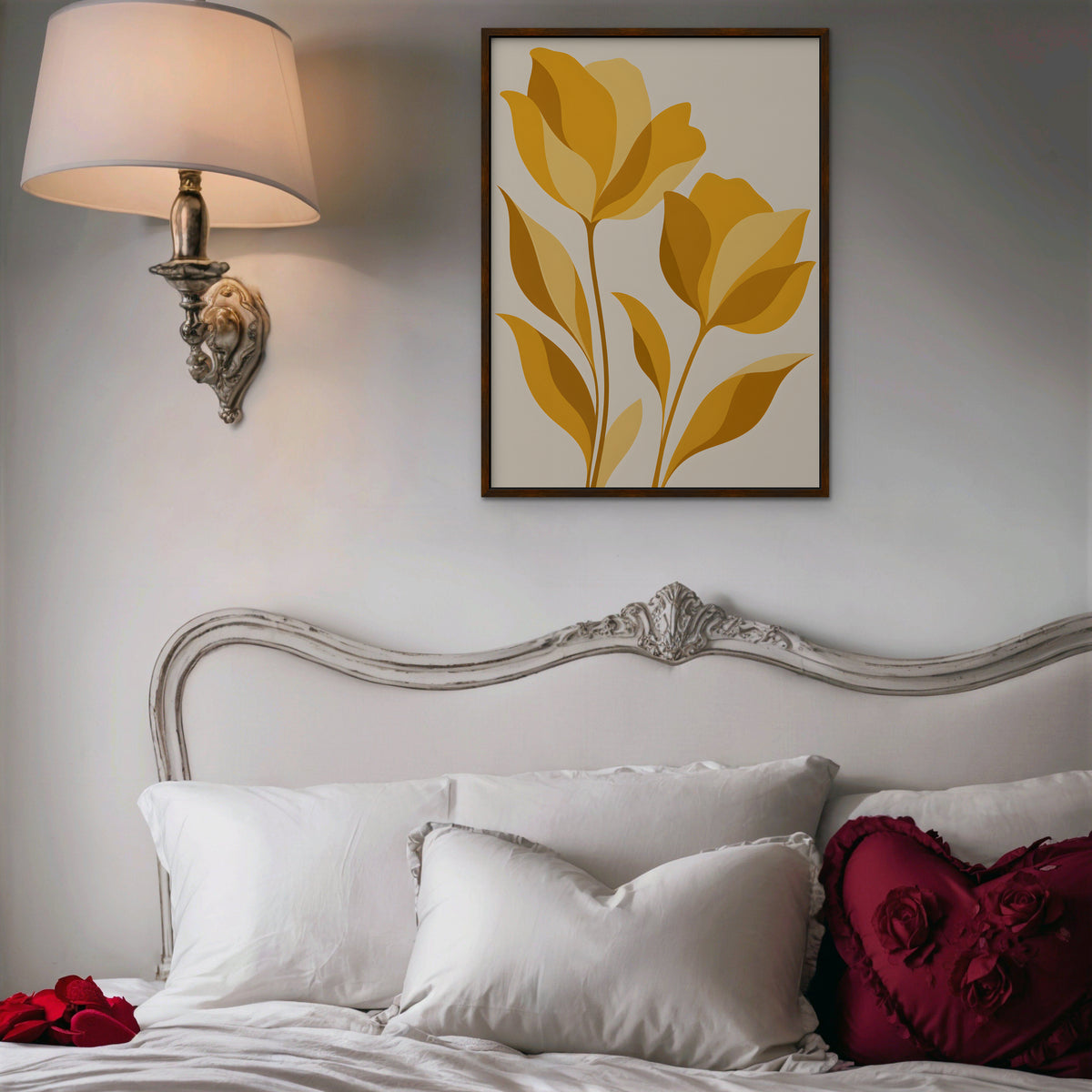 Golden Tulips Canvas Art - Vertical – Walnut Floating Frame in room setting