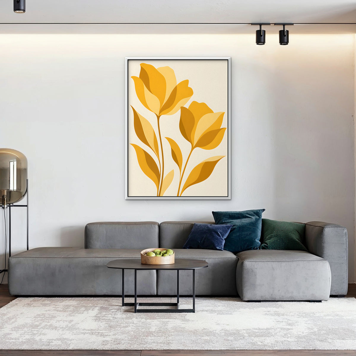 Golden Tulips Canvas Art - Vertical – White Floating Frame in room setting