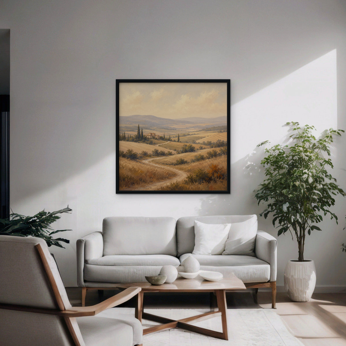 Golden Tuscan Fields Canvas Art – square golden countryside landscape print in a black floating frame in a modern living room