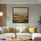 Golden Tuscan Fields Canvas Art – square golden countryside landscape print in a black floating frame in a bright living room