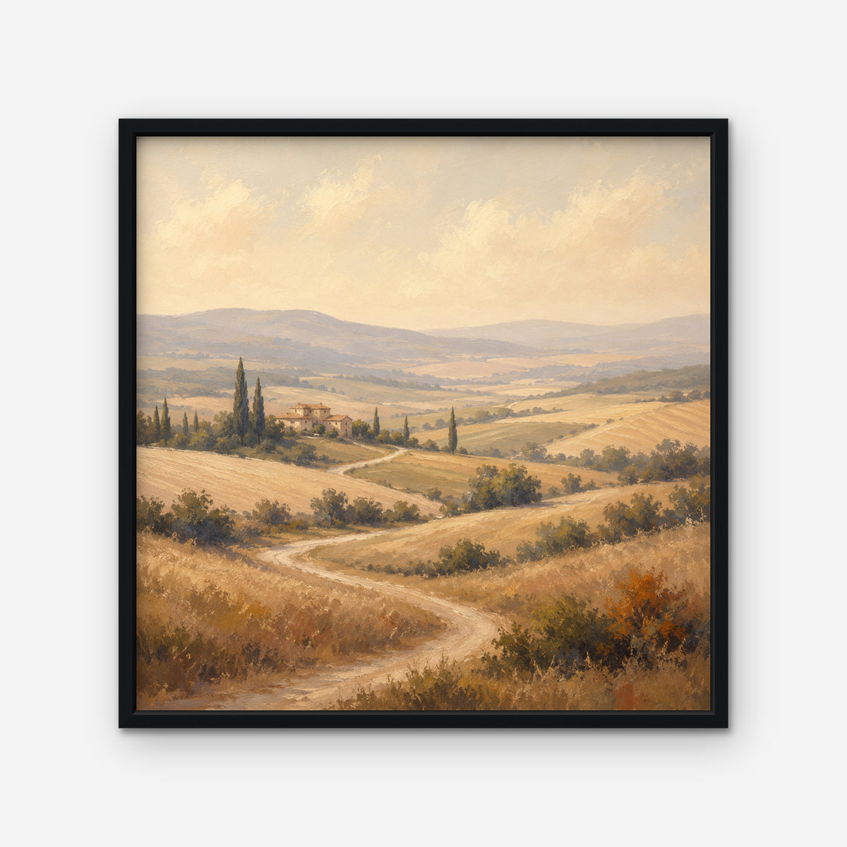 Golden Tuscan Fields Canvas Art – square golden countryside landscape print in a black floating frame on a white background