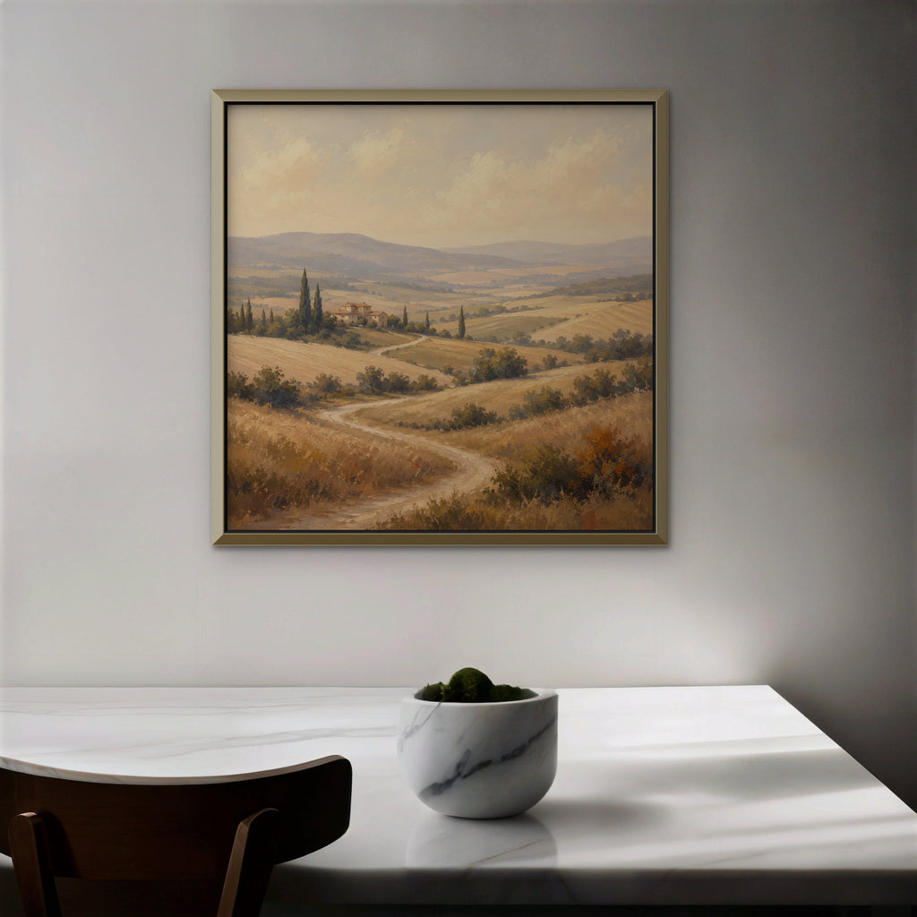 Golden Tuscan Fields Canvas Art – square golden countryside landscape print in a gold floating frame in a dining room