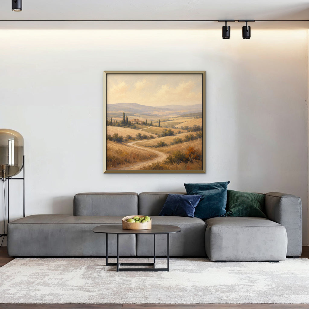 Golden Tuscan Fields Canvas Art – square golden countryside landscape print in a gold floating frame in a living room with charcoal accents