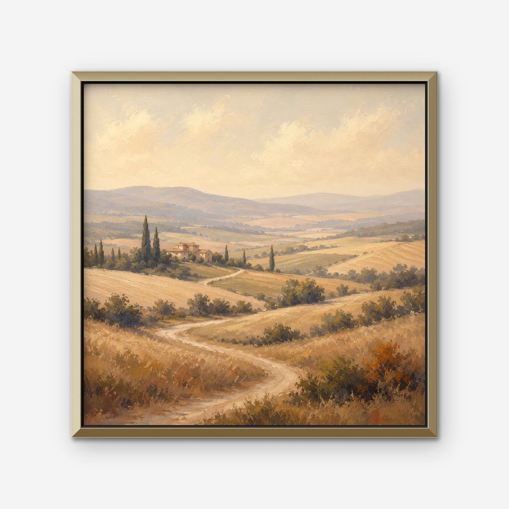 Golden Tuscan Fields Canvas Art – square golden countryside landscape print in a gold floating frame on a white background