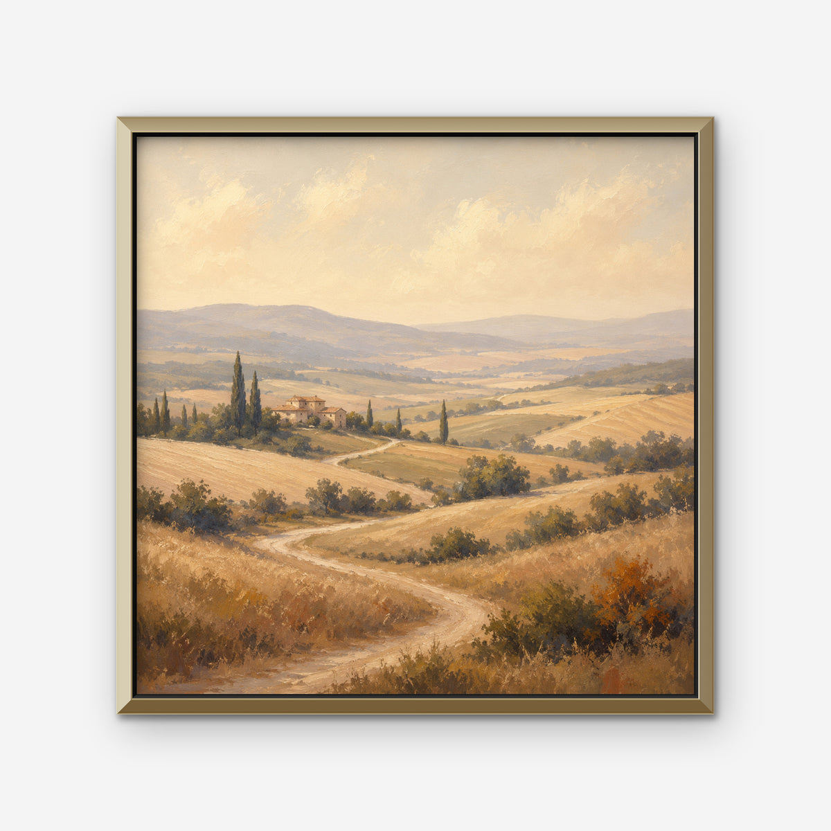 Golden Tuscan Fields Canvas Art – square golden countryside landscape print in a gold floating frame on a white background