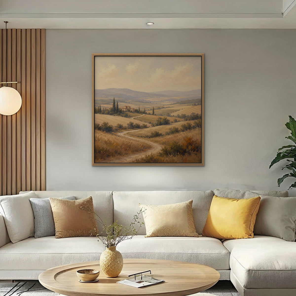 Golden Tuscan Fields Canvas Art – square golden countryside landscape print in an oak floating frame in a bright living room