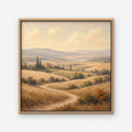 Golden Tuscan Fields Canvas Art – square golden countryside landscape print in an oak floating frame on a white background
