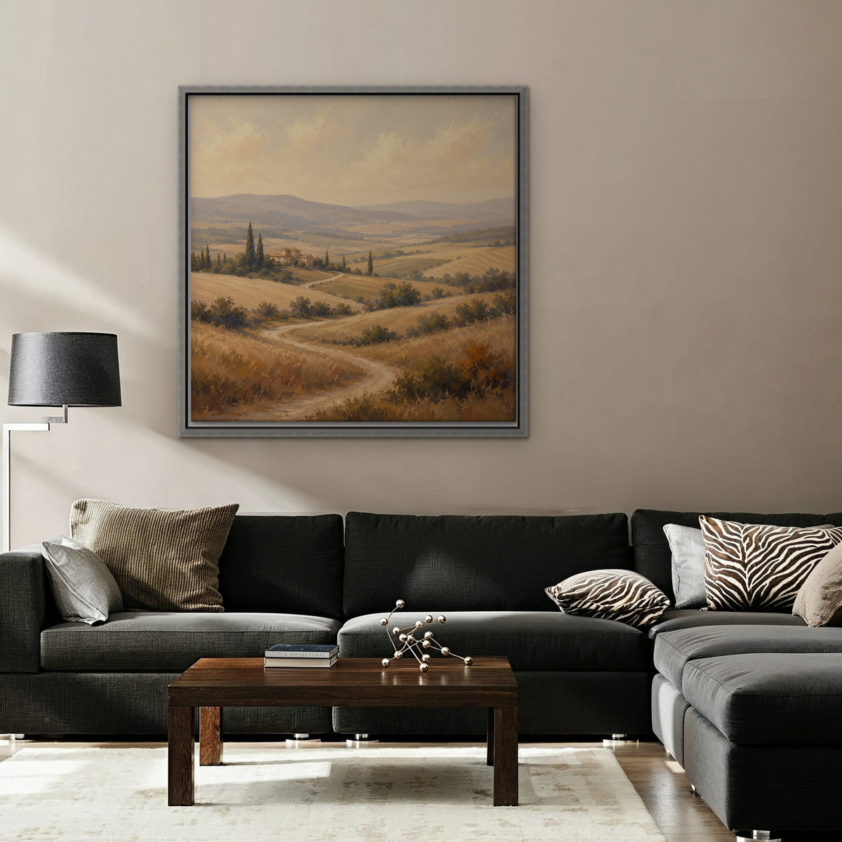 Golden Tuscan Fields Canvas Art - Square – Silver Floating Frame in room setting