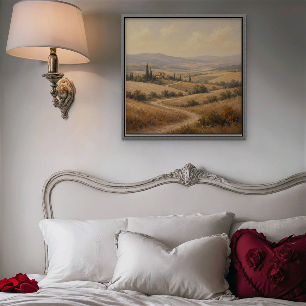 Golden Tuscan Fields Canvas Art - Square – Silver Floating Frame in room setting