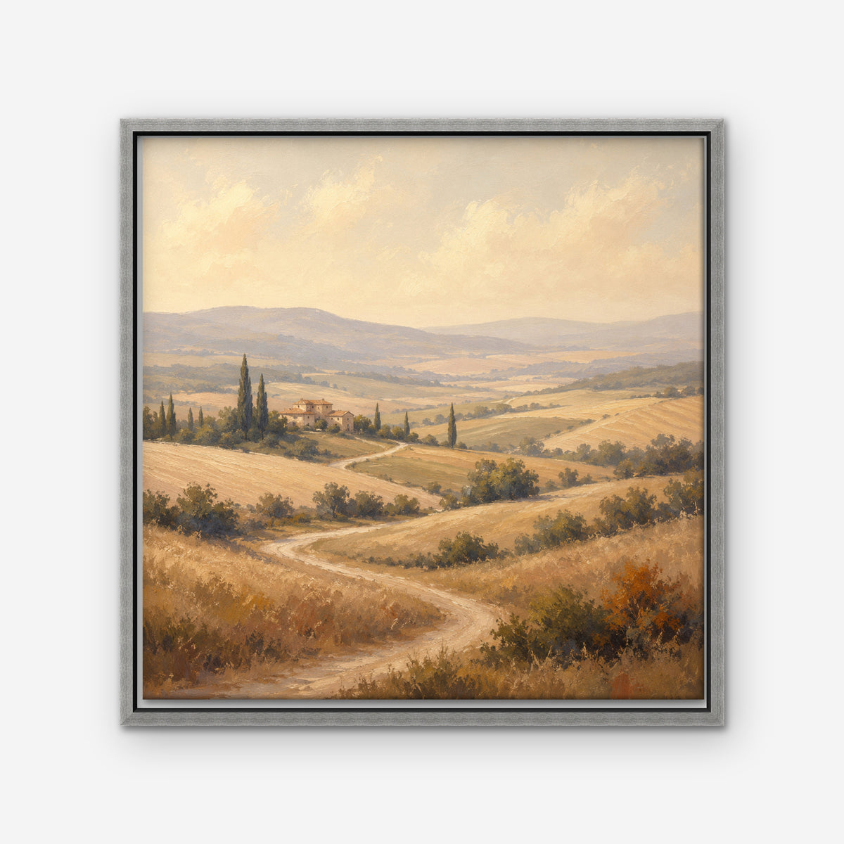 Golden Tuscan Fields Canvas Art - Square – Silver Floating Frame on white background
