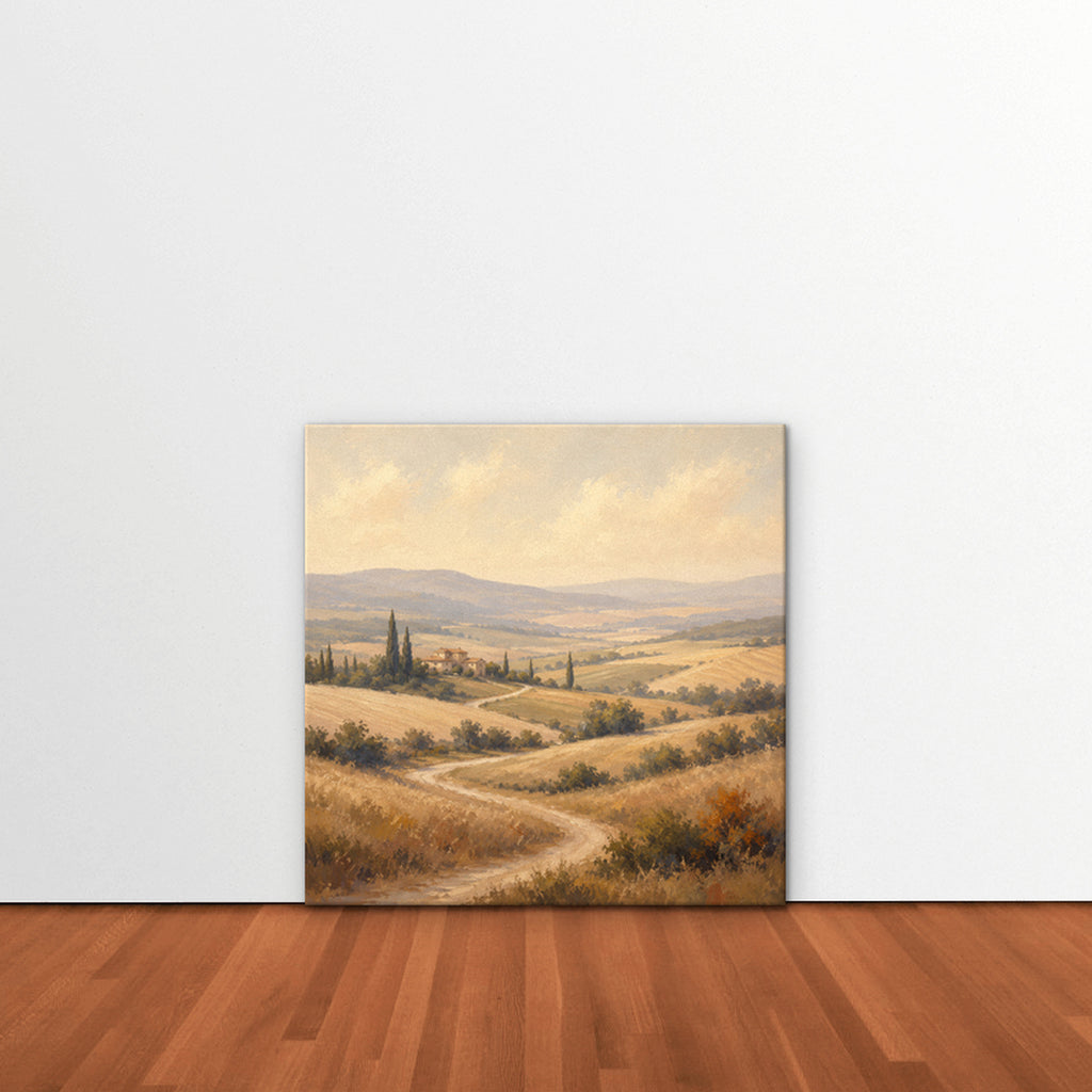 Golden Tuscan Fields Canvas Art – square golden countryside landscape print as a gallery-wrapped canvas leaning against a white wall