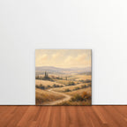 Golden Tuscan Fields Canvas Art – square golden countryside landscape print as a gallery-wrapped canvas leaning against a white wall